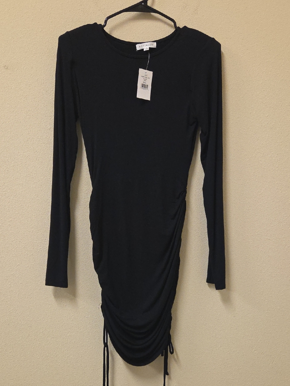 Socialite Small Black Long-Sleeve Ruched Bodycon Midi Dress Drawstring Hem  NEW